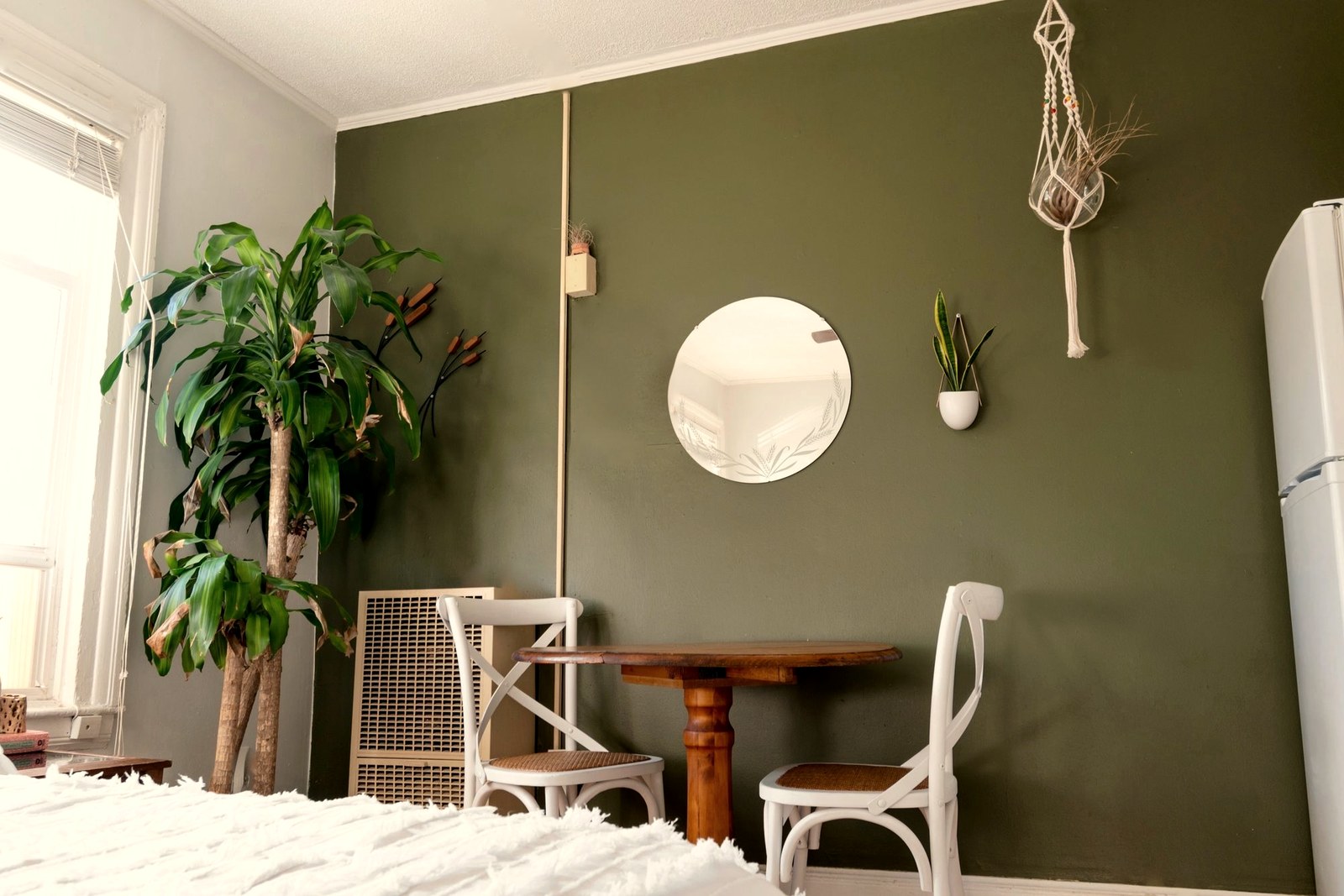 Ambiente com parede verde, plantas e móveis claros
